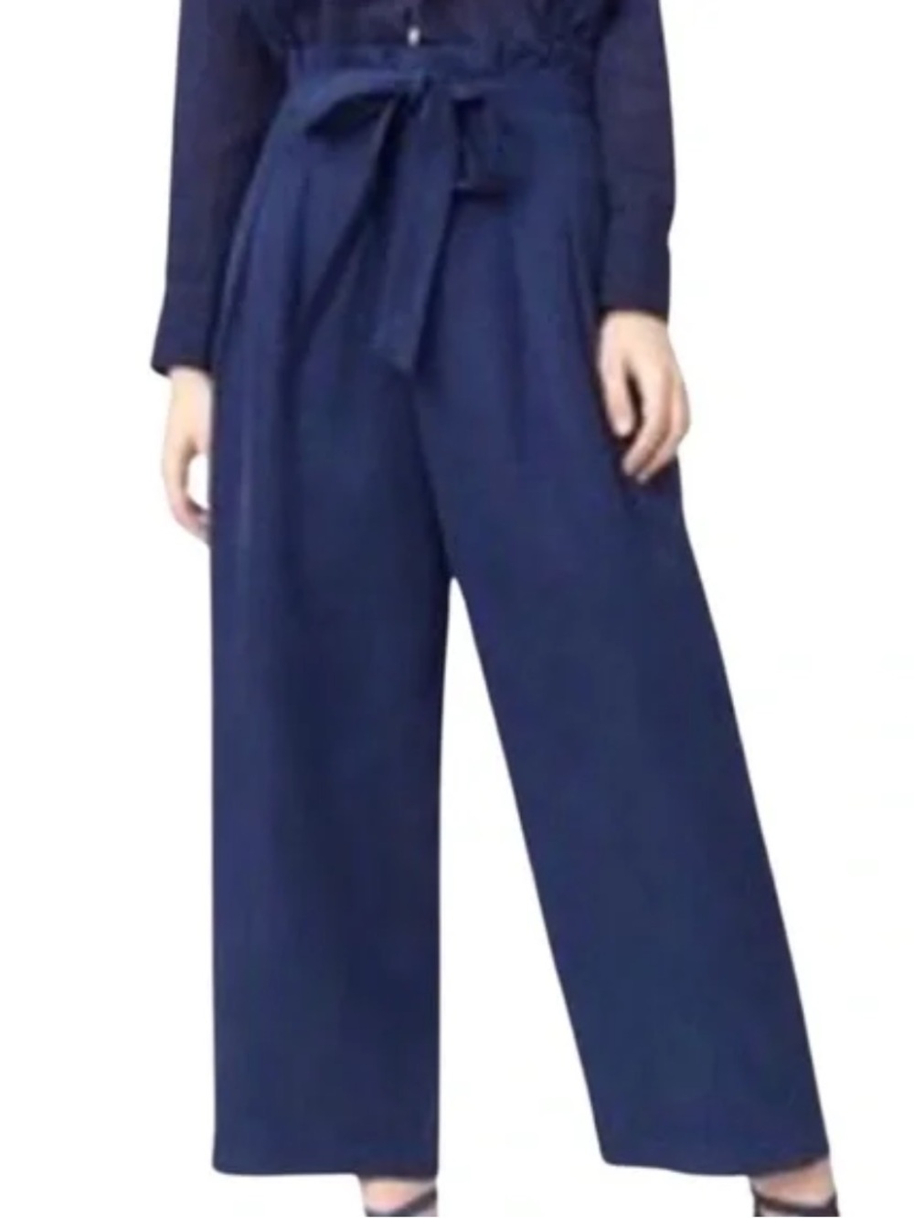 Club Monaco Linen Blend Navy High-Waist Wide-Leg Paperbag Waist Belted Pants 6